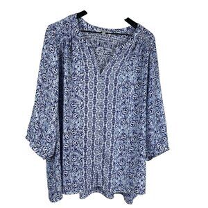 Rose & Olive Top Women's 3/4 Sleeves Pin Tuck Blue White Sz 1X Floral Boho